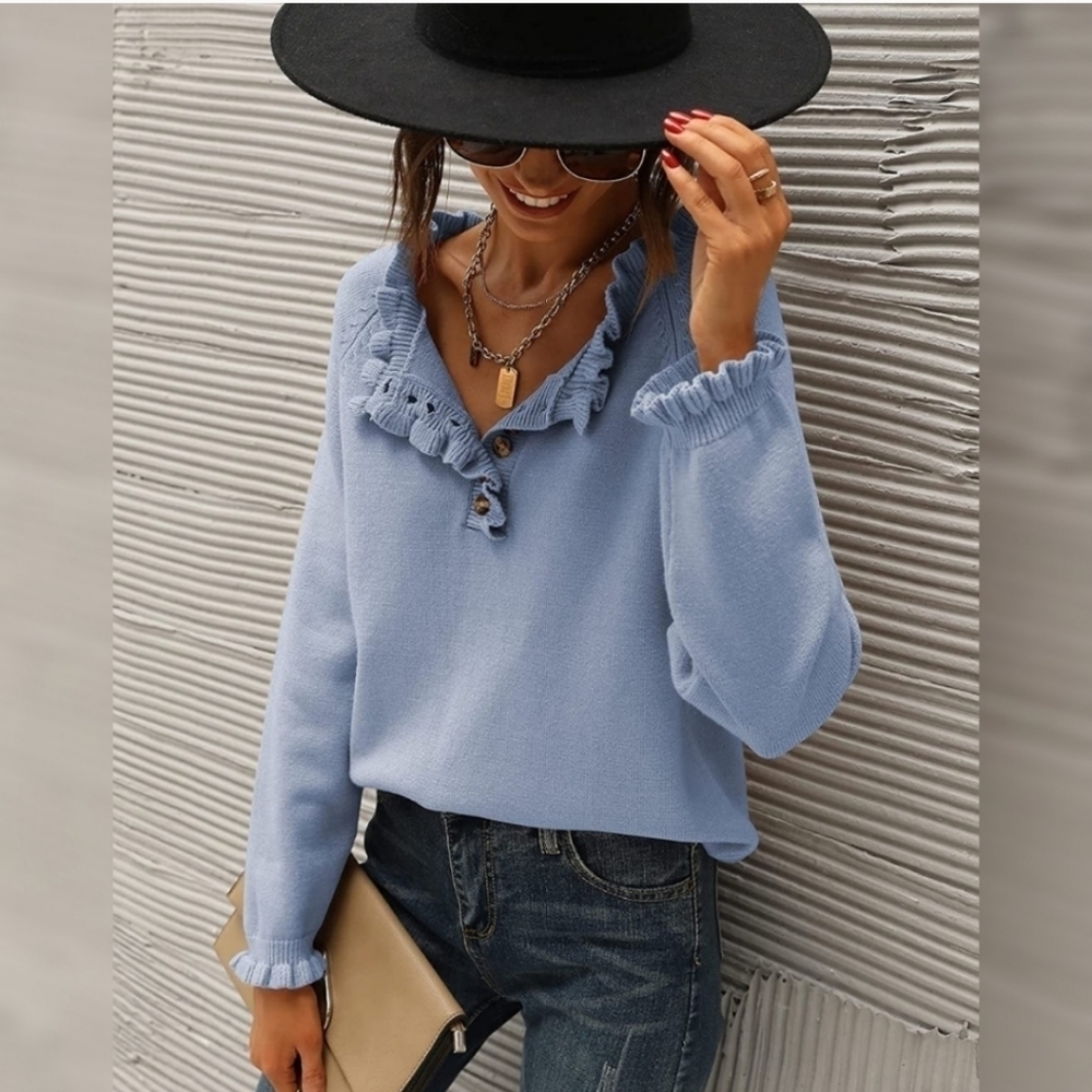 BTFBM | Baby Blue Micro Ruffle Neck Cuff Sweater- Size: XL